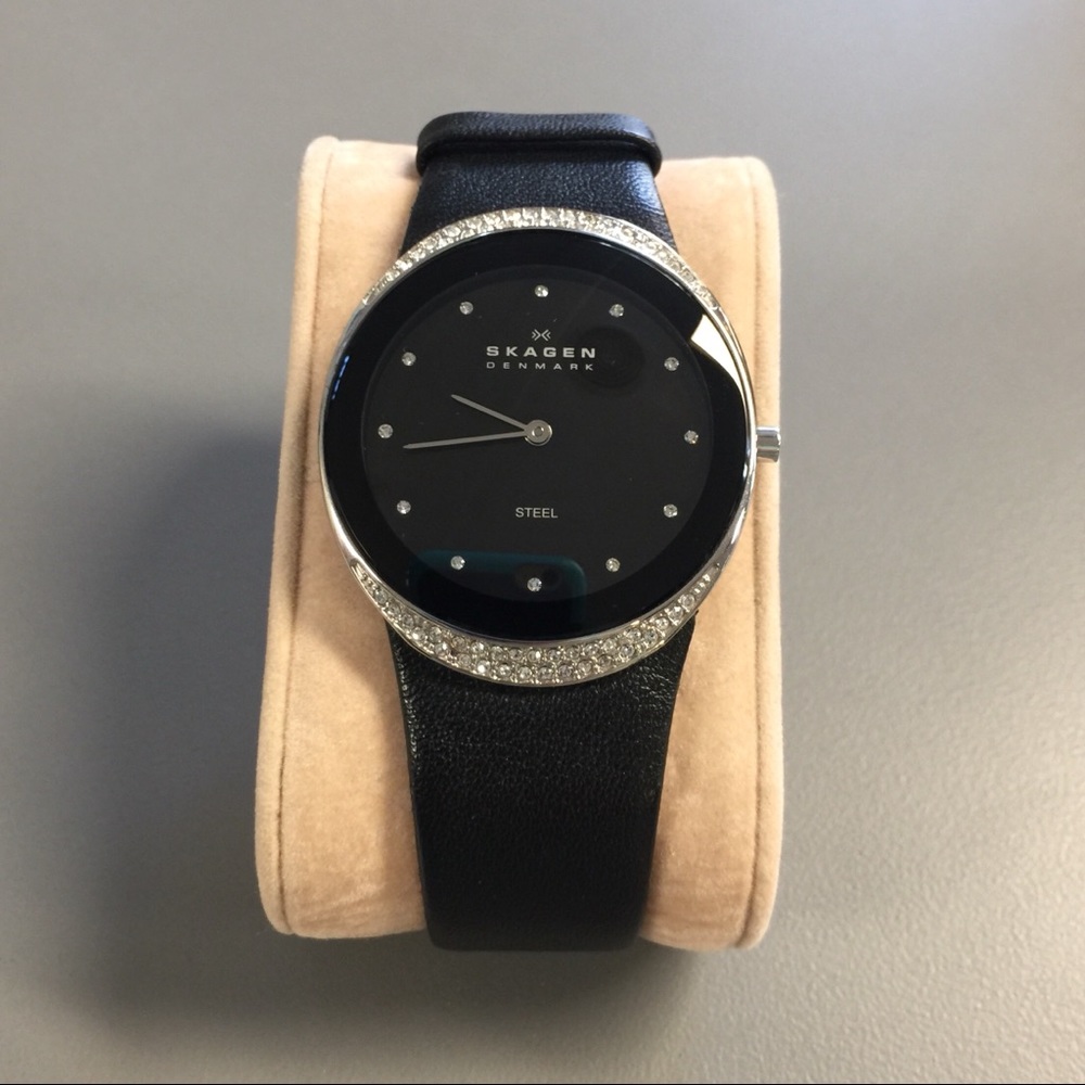 Skagen Black Leather Watch w/ Round Face